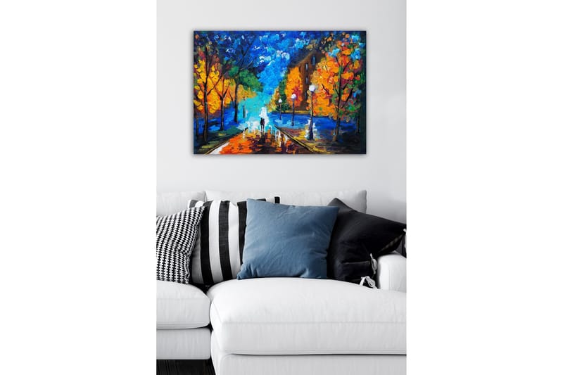Canvastavla - Vacker stadspark med färgglada höstträd och en promenadstig i skymning - Blå / Orange / Grön - Inredning - Tavlor & konst - Canvastavlor