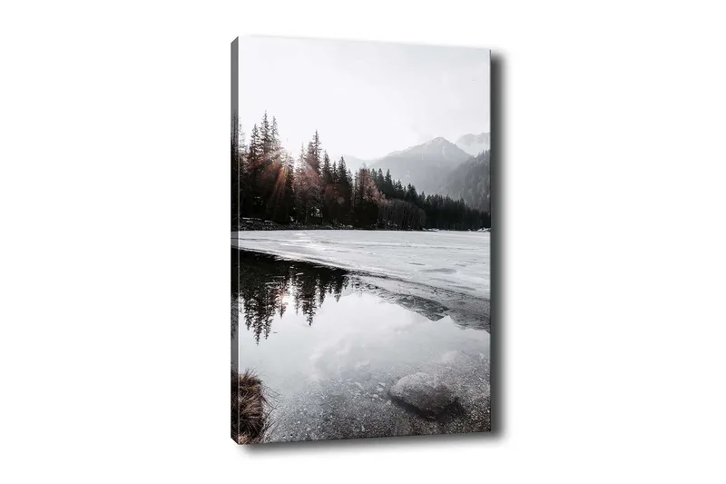 Canvastavla - Vacker vinterlandskap med frusna sjöar och snötäckta berg, Grå / Vit / Mörkgrön