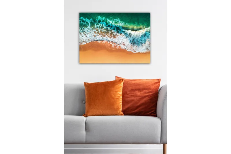 Canvastavla - Vacker vy av hav och strand med vågor som rullar in mot sanden - Turkos / Beige / Vitt - Inredning - Tavlor & konst - Canvastavlor