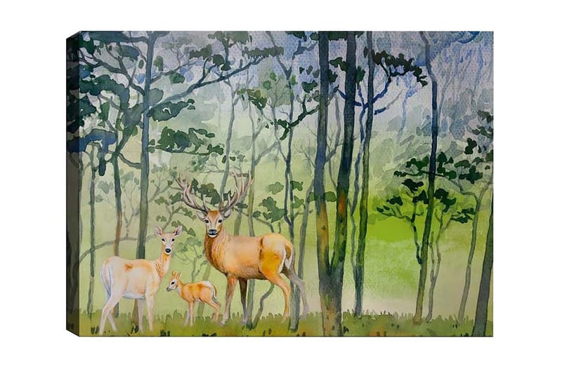 Canvastavla - Viltfamilj i en skogsmiljö med rådjur och en liten kid, Grön / Brun / Beige