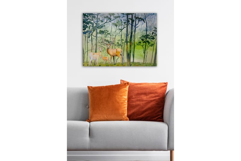 Canvastavla - Viltfamilj i en skogsmiljö med rådjur och en liten kid - Grön / Brun / Beige - Inredning - Tavlor & konst - Canvastavlor