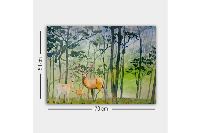 Canvastavla - Viltfamilj i en skogsmiljö med rådjur och en liten kid - Grön / Brun / Beige - Inredning - Tavlor & konst - Canvastavlor