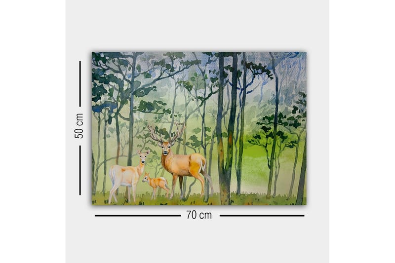 Canvastavla - Viltfamilj i en skogsmiljö med rådjur och en liten kid - Grön / Brun / Beige - Inredning - Tavlor & konst - Canvastavlor
