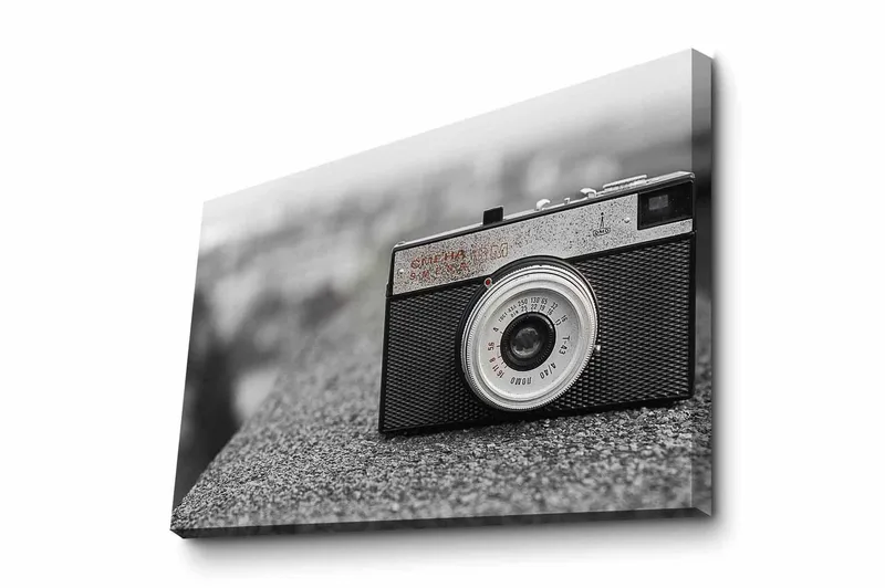 Canvastavla - Vintage kamera på en grå yta, Svart / Grå / Silver