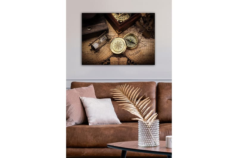 Canvastavla - Vintage navigationsverktyg på en gammal karta - Guld / Brun / Beige - Inredning - Tavlor & konst - Canvastavlor