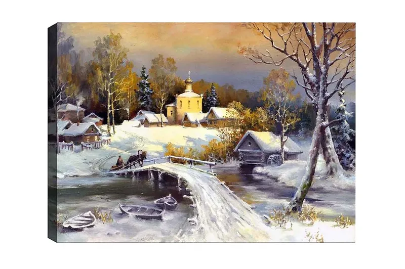 Canvastavla - Vinterlandskap med en bro och snötäckta hus, Vit / Grå / Gul