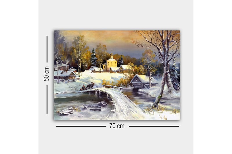 Canvastavla - Vinterlandskap med en bro och snötäckta hus - Vit / Grå / Gul - Inredning - Tavlor & konst - Canvastavlor