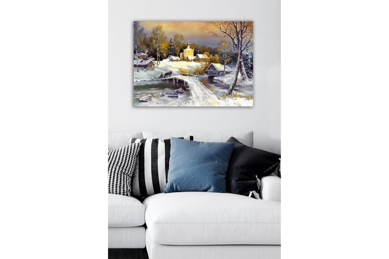 Canvastavla - Vinterlandskap med en bro och snötäckta hus - Vit / Grå / Gul - Inredning - Tavlor & konst - Canvastavlor