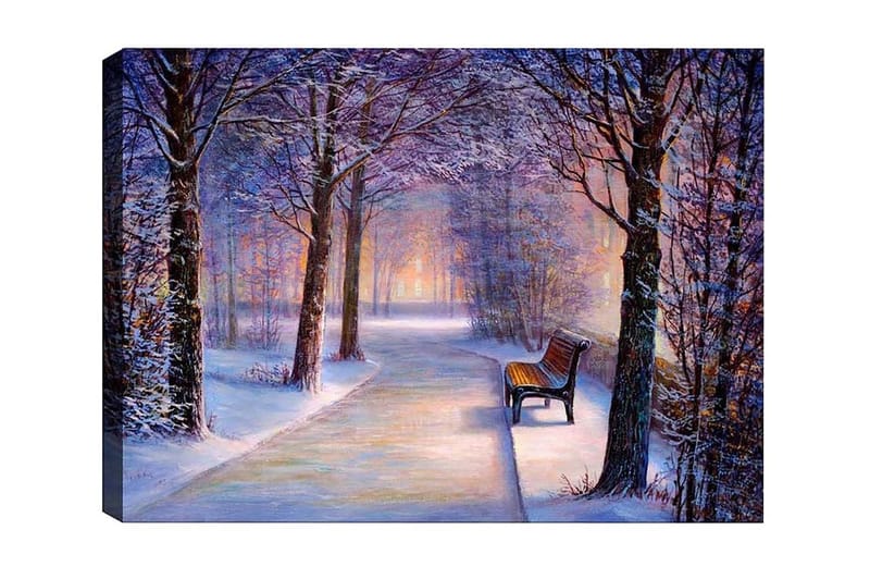 Canvastavla - Vinterlandskap med en ensam bänk längs en snötäckt väg, Lila / Vit / Brun