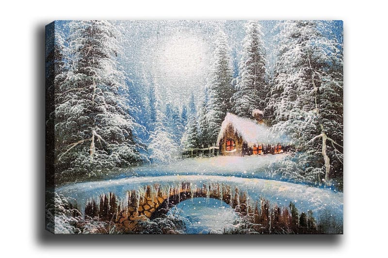 Canvastavla - Vinterlandskap med en stuga och snöklädda träd - Blå / Vit / Brun - Inredning - Tavlor & konst - Canvastavlor
