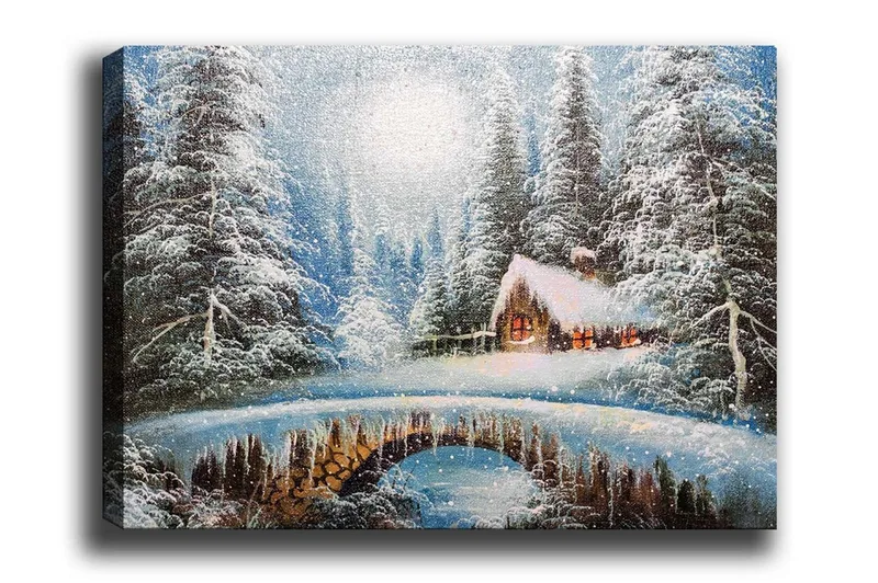 Canvastavla - Vinterlandskap med en stuga och snöklädda träd, Blå / Vit / Brun