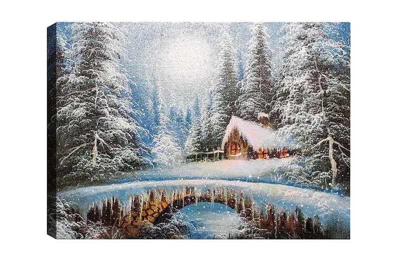 Canvastavla - Vinterlandskap med en stuga och snöklädda träd - Vit / Blå / Brun - Inredning - Tavlor & konst - Canvastavlor