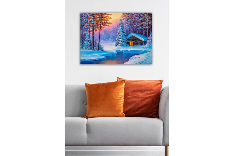 Canvastavla - Vinterlandskap med en stuga omgiven av snöklädda träd - Blå / Vit / Lila - Inredning - Tavlor & konst - Canvastavlor