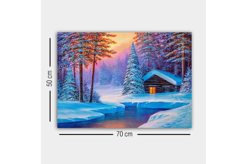 Canvastavla - Vinterlandskap med en stuga omgiven av snöklädda träd - Blå / Vit / Lila - Inredning - Tavlor & konst - Canvastavlor