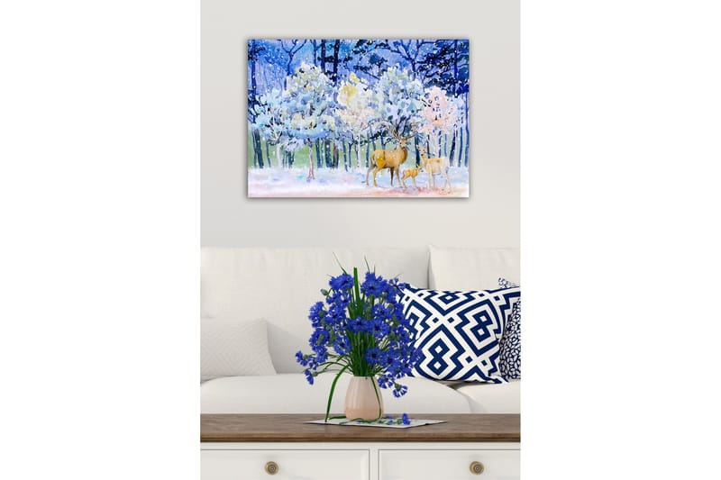 Canvastavla - Vinterlandskap med rådjur och snöklädda träd - Blå / Vit / Beige - Inredning - Tavlor & konst - Canvastavlor