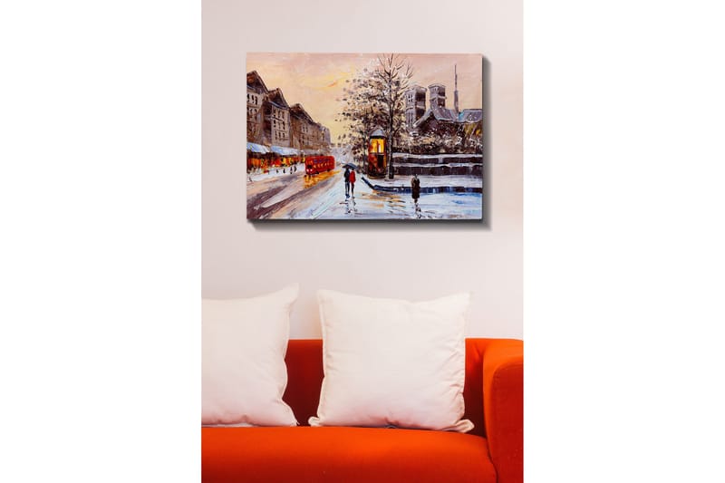 Canvastavla - Vinterlandskap med snöklädda byggnader och en röd buss - Röd / Grå / Vit - Inredning - Tavlor & konst - Canvastavlor