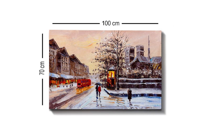 Canvastavla - Vinterlandskap med snöklädda byggnader och en röd buss - Röd / Grå / Vit - Inredning - Tavlor & konst - Canvastavlor