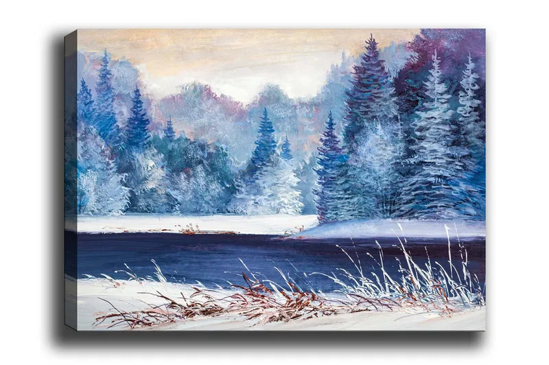 Canvastavla - Vinterlandskap med snöklädda träd och en frusen sjö - Blå / Vit / Lila - Inredning - Tavlor & konst - Canvastavlor