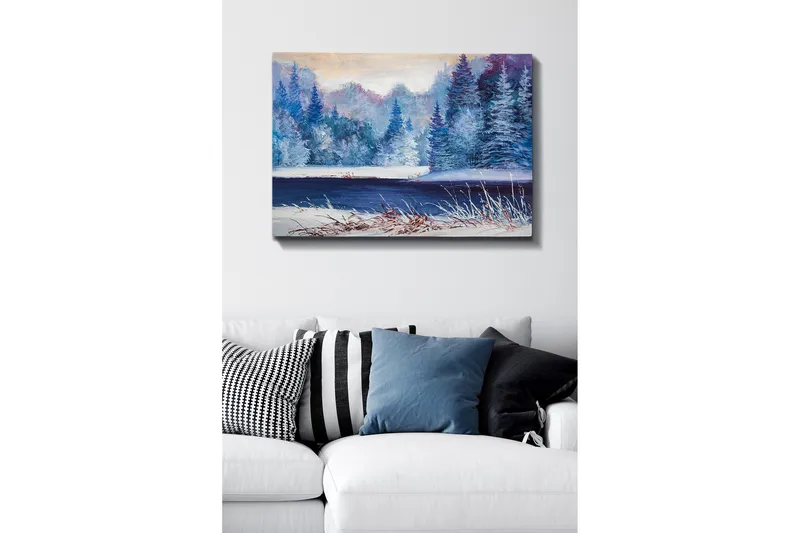 Canvastavla - Vinterlandskap med snöklädda träd och en frusen sjö - Blå / Vit / Lila - Inredning - Tavlor & konst - Canvastavlor