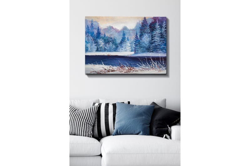 Canvastavla - Vinterlandskap med snöklädda träd och en frusen sjö - Blå / Vit / Lila - Inredning - Tavlor & konst - Canvastavlor