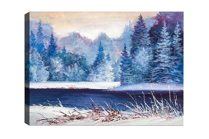 Canvastavla - Vinterlandskap med snöklädda träd och en spegelblanka sjö - Blå / Vit / Mörkgrön - Inredning - Tavlor & konst - Canvastavlor