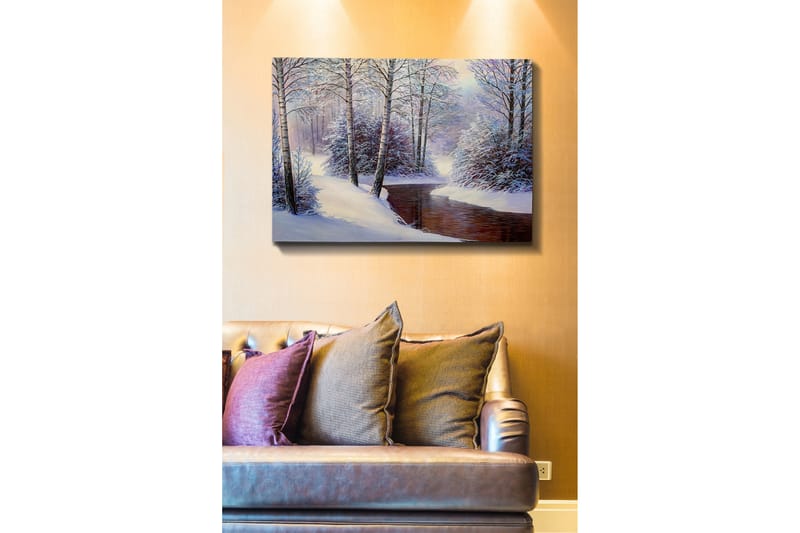 Canvastavla - Vinterlandskap med snötäckta träd och en stilla bäck - Vit / Blå / Brun - Inredning - Tavlor & konst - Canvastavlor