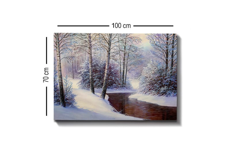 Canvastavla - Vinterlandskap med snötäckta träd och en stilla bäck - Vit / Blå / Brun - Inredning - Tavlor & konst - Canvastavlor