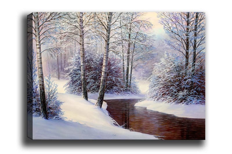 Canvastavla - Vinterlandskap med snötäckta träd och en stilla bäck, Vit / Blå / Brun