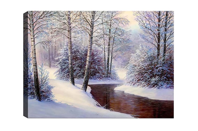 Canvastavla - Vinterlandskap med snötäckta träd och en stilla bäck - Vit / Blå / Brun - Inredning - Tavlor & konst - Canvastavlor