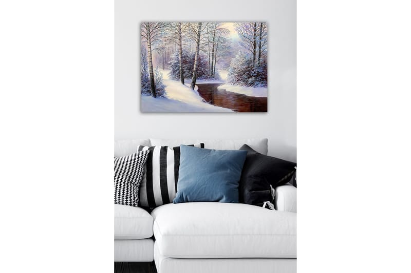 Canvastavla - Vinterlandskap med snötäckta träd och en stilla bäck - Vit / Blå / Brun - Inredning - Tavlor & konst - Canvastavlor