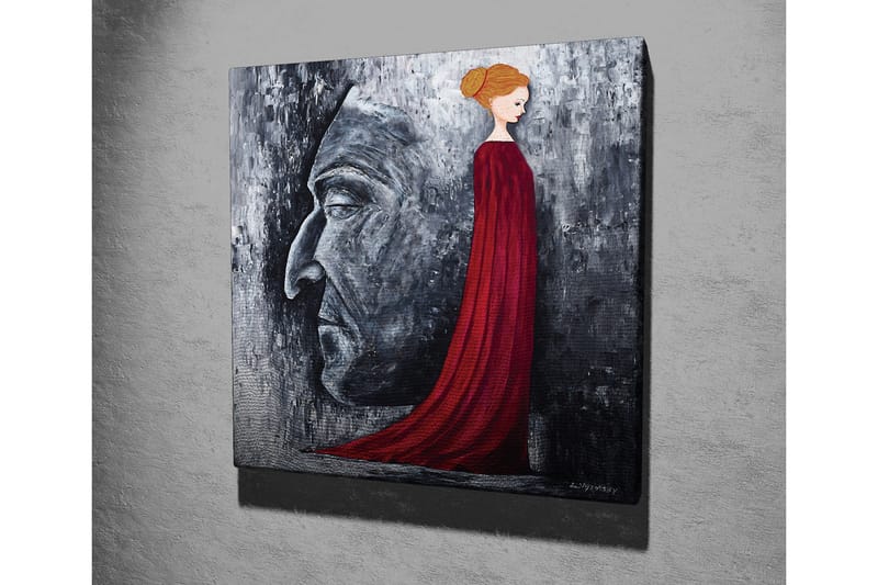 Canvastavla - Porträtt av en kvinna i röd klänning med en stor ansiktsprofil i grått i bakgrunden - Röd / Grå / Svart - Inredning - Tavlor & konst - Canvastavlor