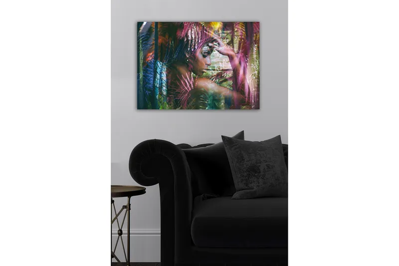 Canvastavla - Porträtt av en kvinna omgiven av färgglada växter - Grön / Rosa / Blå - Inredning - Tavlor & konst - Canvastavlor