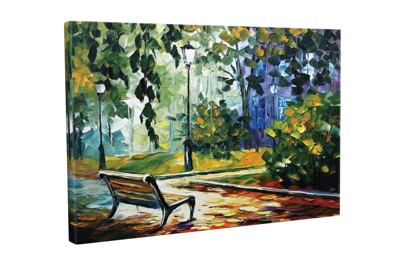 Canvastavla - Parkbänk omgiven av grönskande träd och lampor i en färgglad miljö - Grön / Gul / Blå - Inredning - Tavlor & konst - Canvastavlor