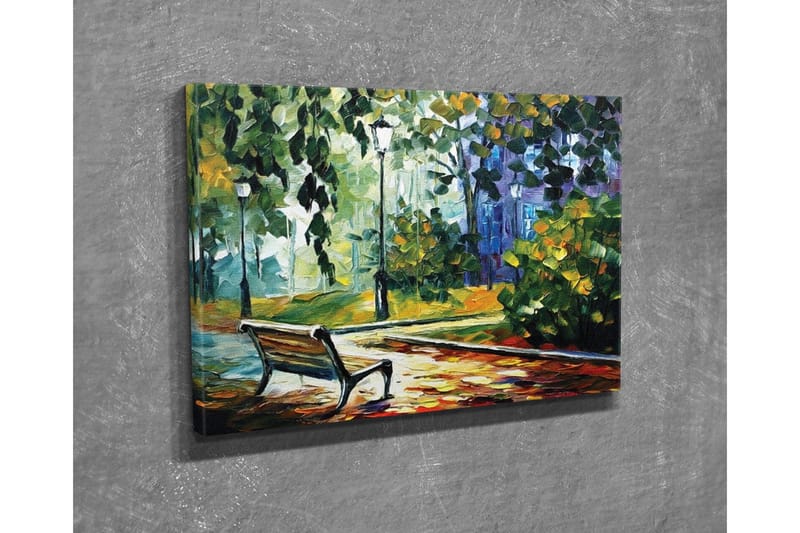Canvastavla - Parkbänk omgiven av grönskande träd och lampor i en färgglad miljö - Grön / Gul / Blå - Inredning - Tavlor & konst - Canvastavlor