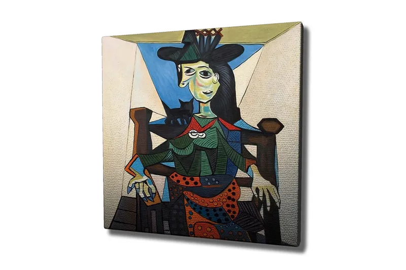 Canvastavla - Porträtt av kvinna med geometriska former och starka färger, Grön / Blå / Orange