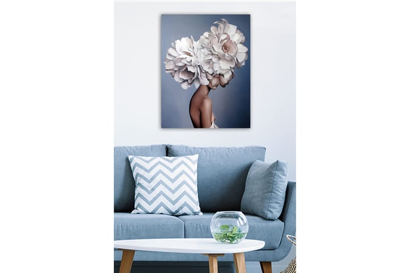 Canvastavla - Porträtt av en kvinna med en stor blomsterkrans som huvudprydnad - Vit / Ljusrosa / Beige - Inredning - Tavlor & konst - Canvastavlor