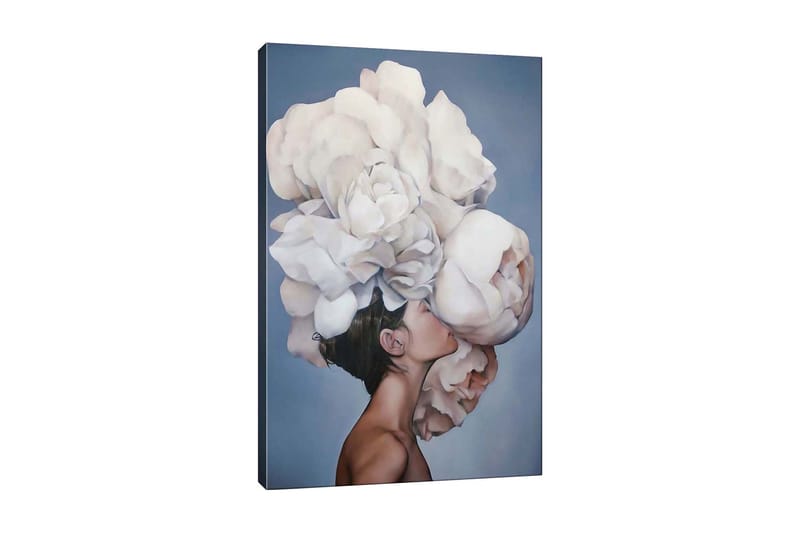 Canvastavla - Porträtt av en person med en stor bukett av vita blommor som svävar över huvudet, Vit / Ljusgrå / Hudton