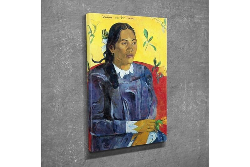 Canvastavla - Porträtt av en kvinna med blommor i handen - Mörkblå / Gul / Röd - Inredning - Tavlor & konst - Canvastavlor