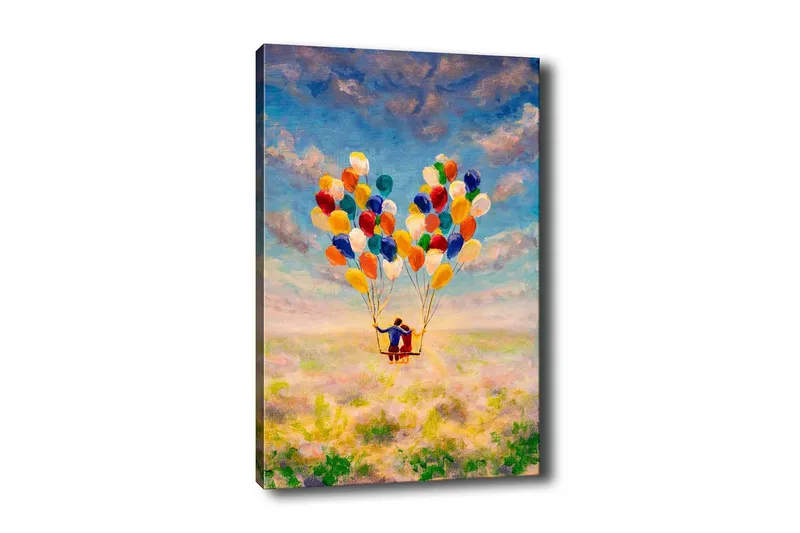 Canvastavla - Par med ballonger som svävar över en blomstrande äng, Gul / Grön / Blå
