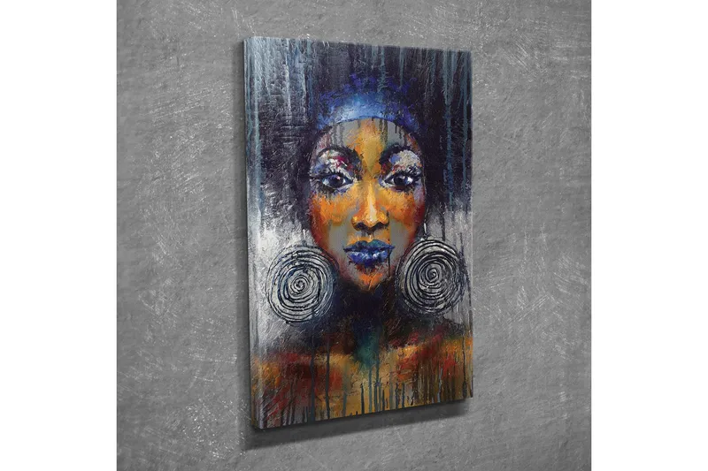 Canvastavla - Porträtt av en kvinna med stora örhängen och starka färger - Mörkblå / Orange / Svart - Inredning - Tavlor & konst - Canvastavlor