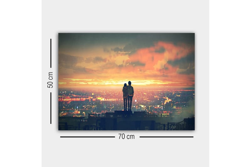 Canvastavla - Par som står tillsammans och betraktar en solnedgång över en stad - Orange / Blå / Grå - Inredning - Tavlor & konst - Canvastavlor