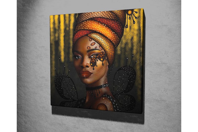 Canvastavla - Porträtt av en kvinna med en färgglad huvudbonad och fjärilar - Guld / Svart / Röd - Inredning - Tavlor & konst - Canvastavlor