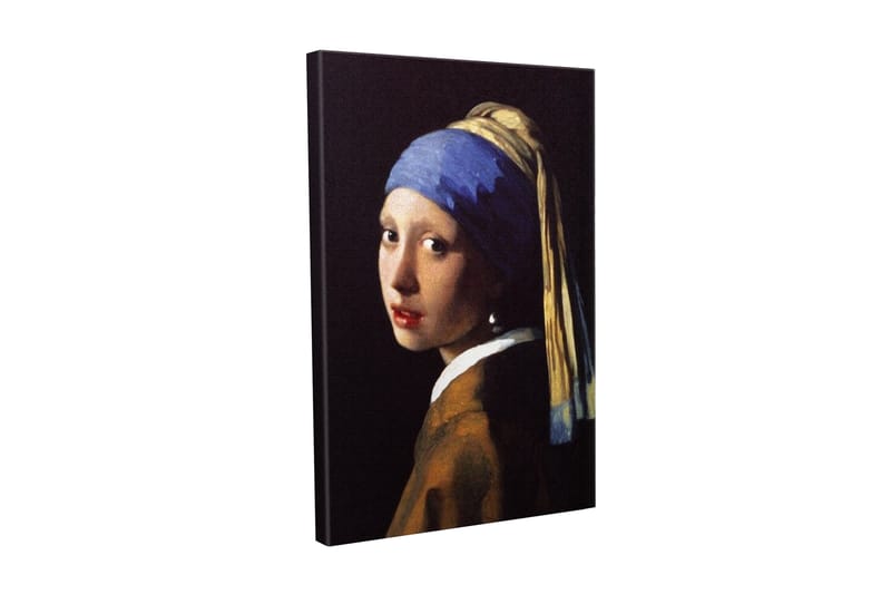 Canvastavla - Porträtt av en ung kvinna med pärlörhänge och blått huvudduk - Blå / Beige / Svart - Inredning - Tavlor & konst - Canvastavlor