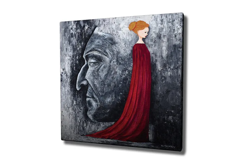 Canvastavla - Porträtt av en kvinna i röd klänning med en stor ansiktsprofil i grått i bakgrunden, Röd / Grå / Svart