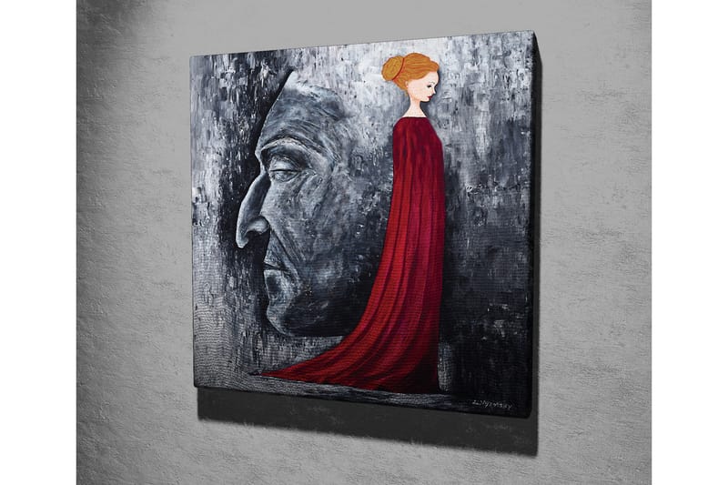 Canvastavla - Porträtt av en kvinna i röd klänning med en stor ansiktsprofil i grått i bakgrunden - Röd / Grå / Svart - Inredning - Tavlor & konst - Canvastavlor