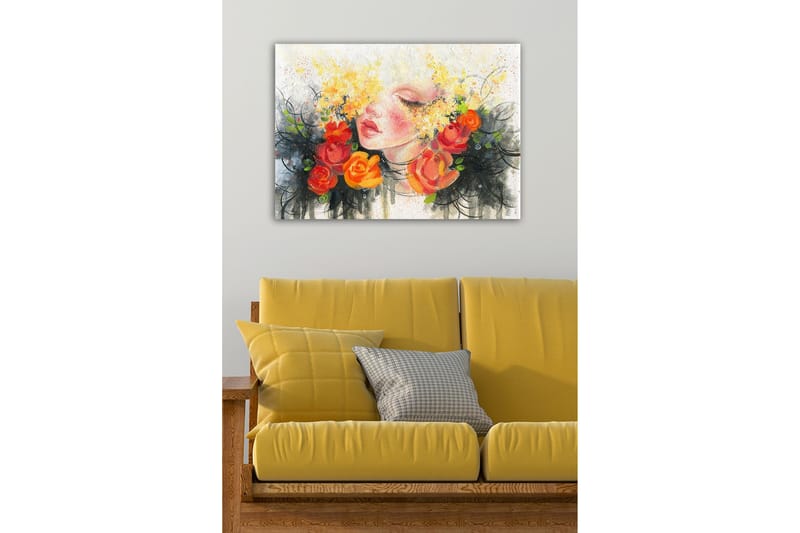Canvastavla - Porträtt av en kvinna med blommor i håret - Orange / Gult / Svart - Inredning - Tavlor & konst - Canvastavlor