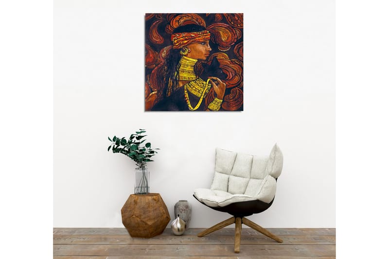 Canvastavla - Porträtt av en kvinna med smycken och en svart katt - Mörkbrun / Orange / Gul - Inredning - Tavlor & konst - Canvastavlor