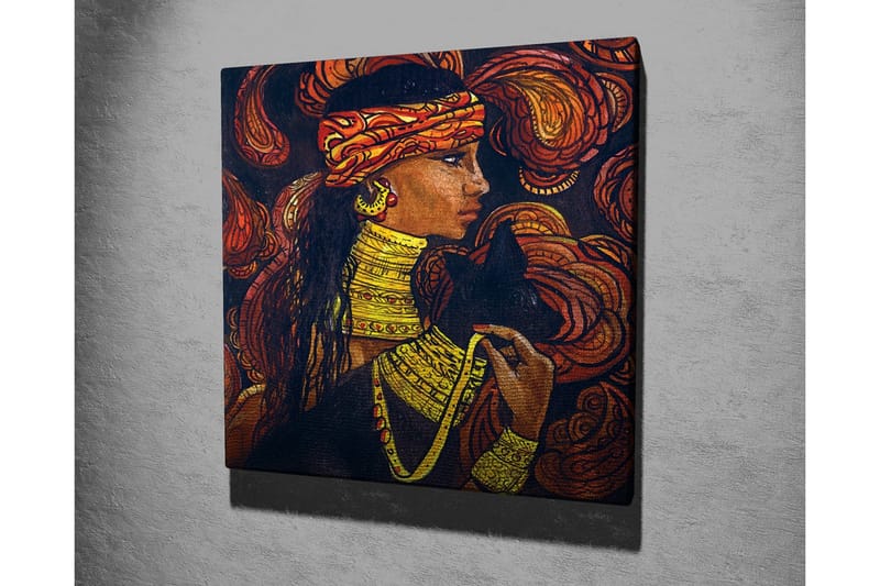 Canvastavla - Porträtt av en kvinna med smycken och en svart katt - Mörkbrun / Orange / Gul - Inredning - Tavlor & konst - Canvastavlor