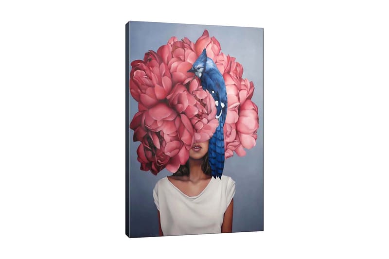 Canvastavla - Porträtt av en kvinna med en stor bukett av rosa blommor som huvud och en blå fågel sittande på blommorna - Rosa / Blå / Beige - Inredning - Tavlor & konst - Canvastavlor
