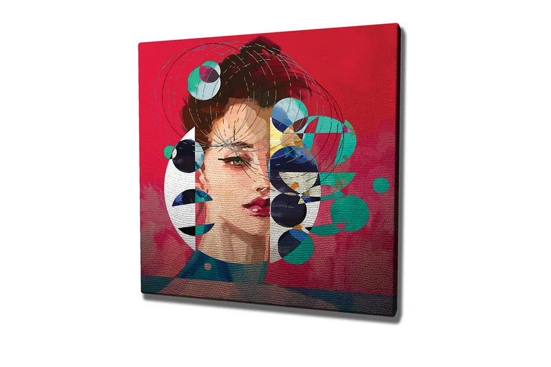 Canvastavla - Porträtt av en kvinna med abstrakta geometriska former och färgglada cirklar, Röd / Grön / Svart